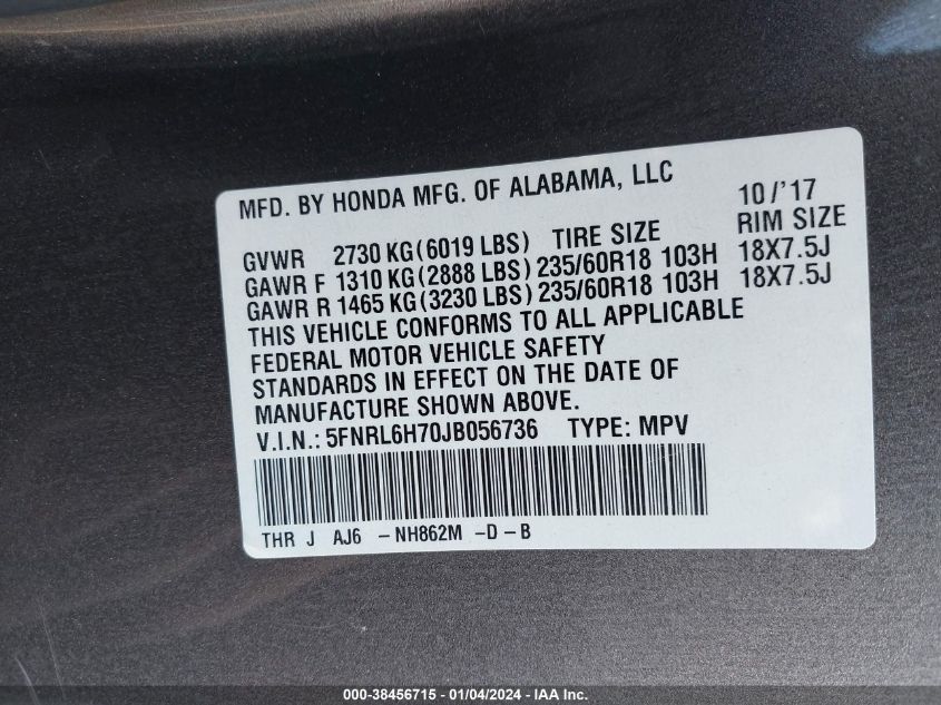 5FNRL6H70JB056736 2018 HONDA ODYSSEY, photo no. 9