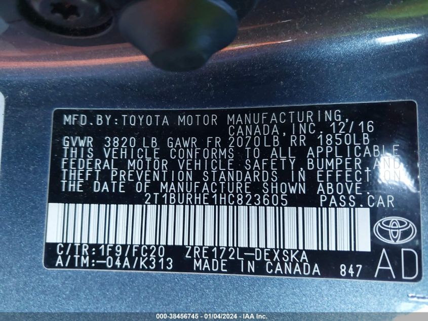 2017 TOYOTA COROLLA SE - 2T1BURHE1HC823605