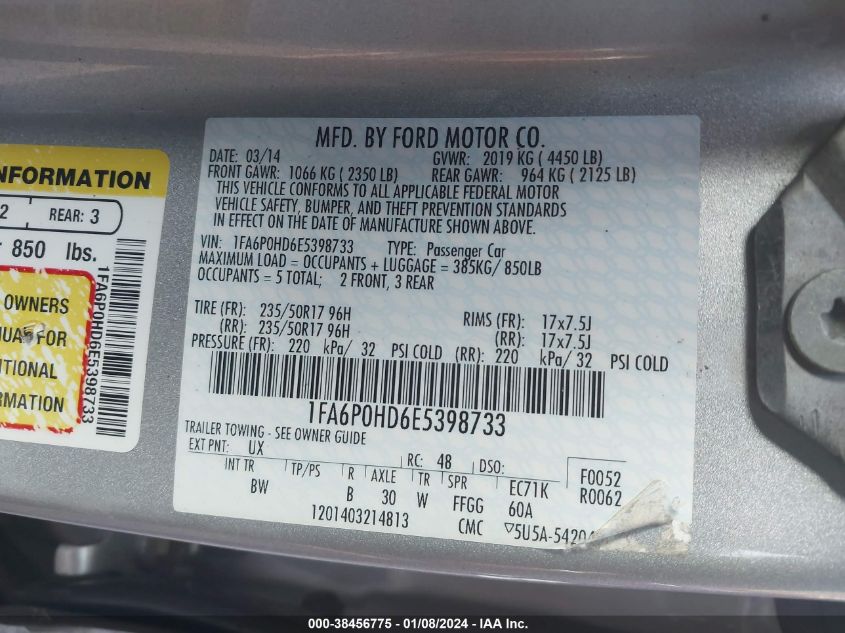 2014 FORD FUSION SE - 1FA6P0HD6E5398733