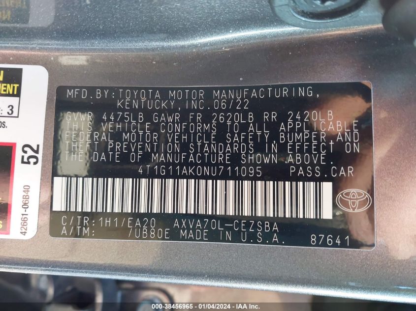 2022 TOYOTA CAMRY SE - 4T1G11AK0NU711095