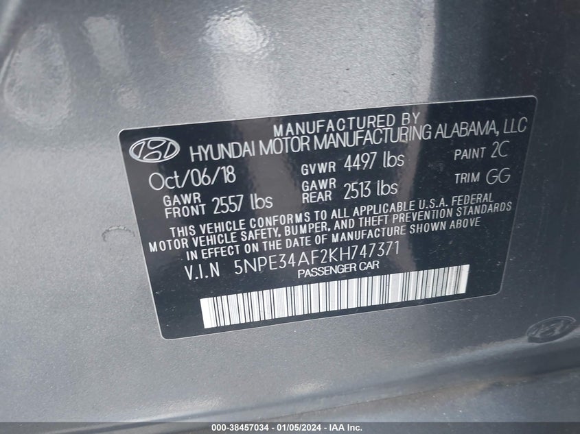 VIN 5NPE34AF2KH747371 2019 HYUNDAI SONATA SEL