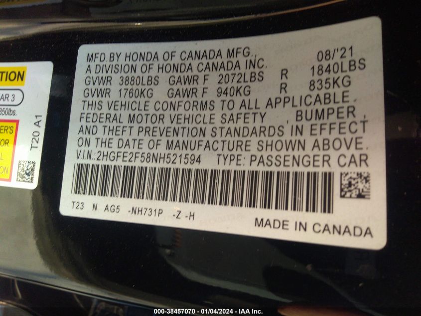2022 HONDA CIVIC SPORT - 2HGFE2F58NH521594