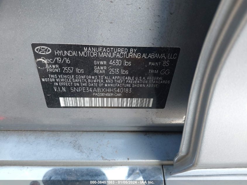 5NPE34ABXHH540183 | 2017 HYUNDAI SONATA