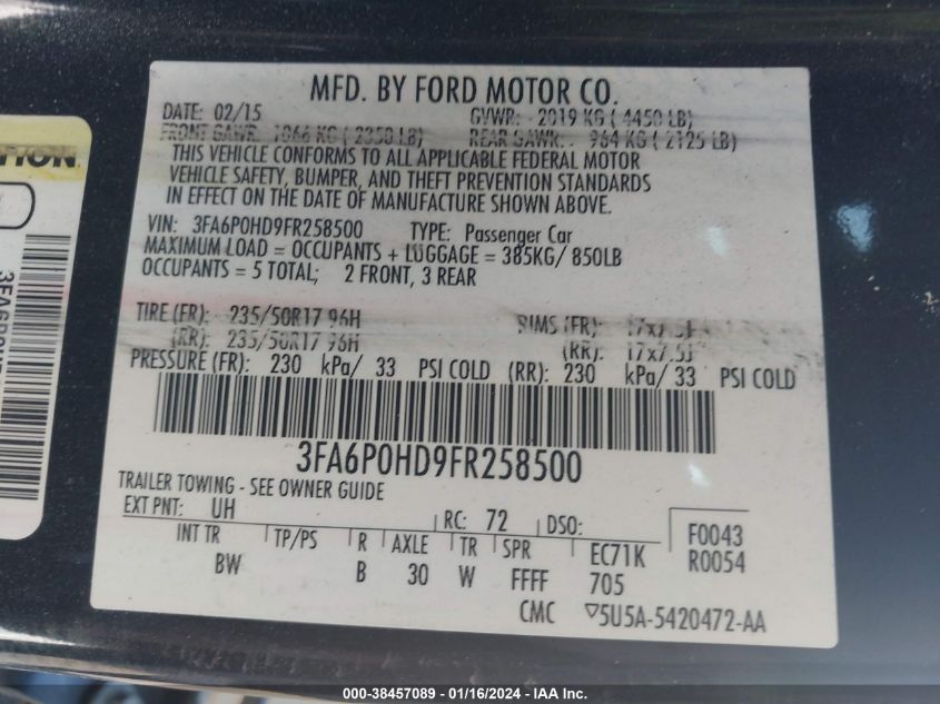 2015 FORD FUSION SE - 3FA6P0HD9FR258500