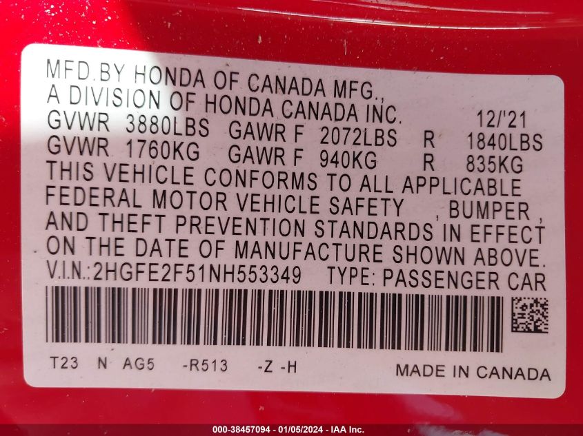 2022 HONDA CIVIC SPORT - 2HGFE2F51NH553349
