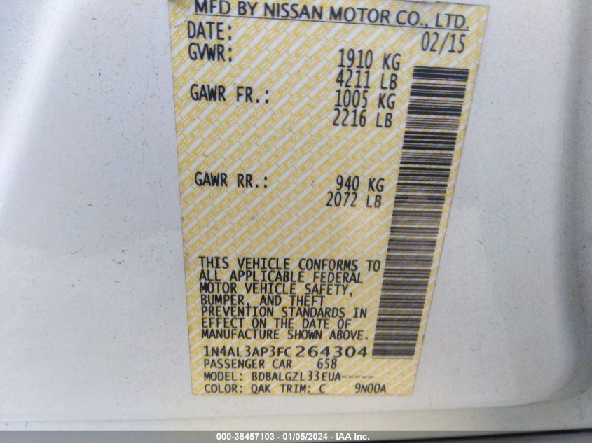 2015 NISSAN ALTIMA 2.5/S/SV/SL - 1N4AL3AP3FC264304