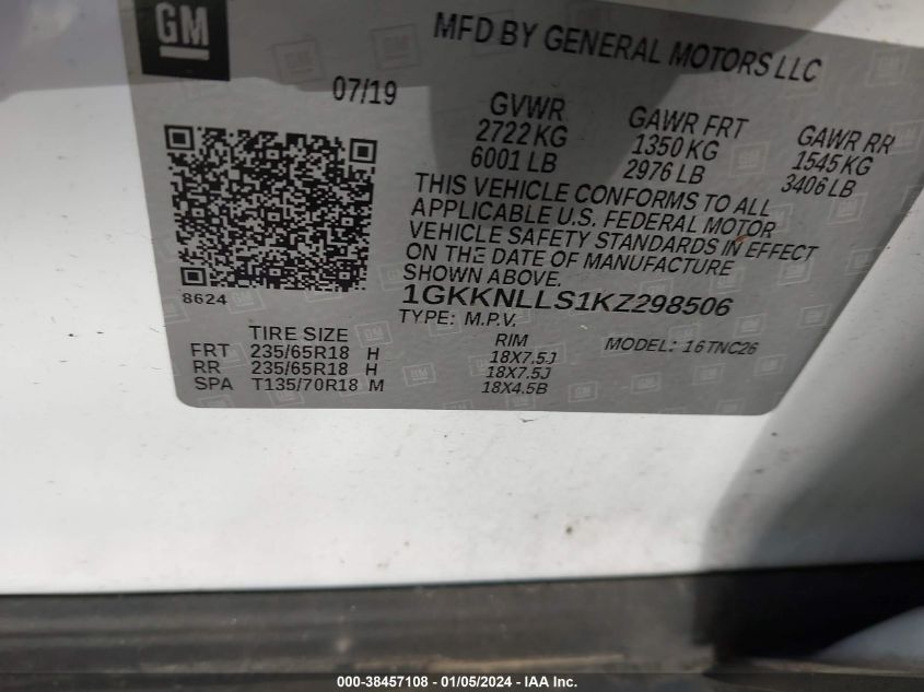 2019 GMC ACADIA SLE - 1GKKNLLS1KZ298506