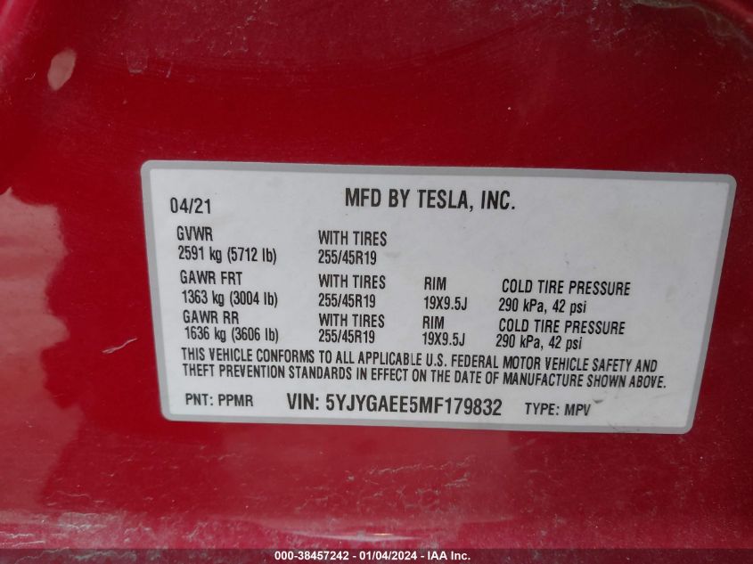 2021 TESLA MODEL Y LONG RANGE DUAL MOTOR ALL-WHEEL DRIVE - 5YJYGAEE5MF179832