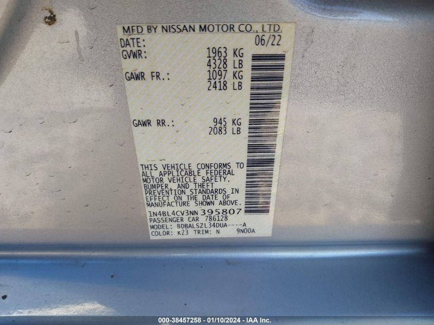 2022 NISSAN ALTIMA SR - 1N4BL4CV3NN395807