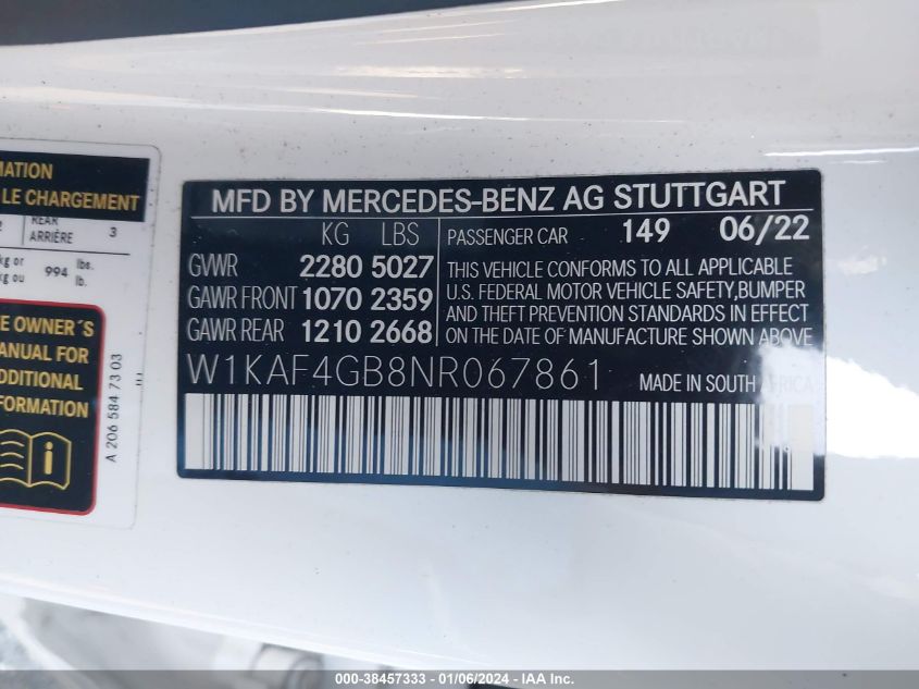 2022 MERCEDES-BENZ C 300 SEDAN - W1KAF4GB8NR067861
