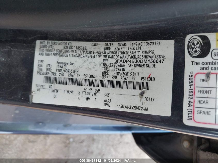 2013 FORD FIESTA SE - 3FADP4BJ0DM158647