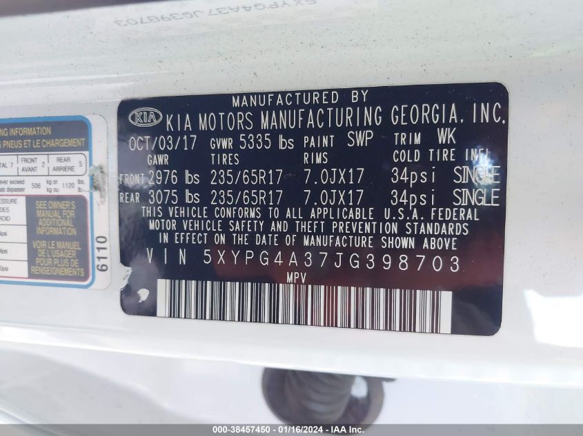 2018 KIA SORENTO 2.4L LX - 5XYPG4A37JG398703