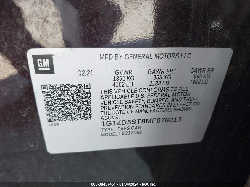 VIN 1G1ZD5ST8MF076013 2021 CHEVROLET MALIBU FWD LT