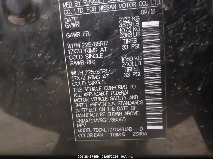 2016 NISSAN ROGUE SV - KNMAT2MV9GP738085