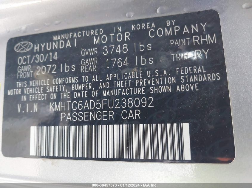 2015 HYUNDAI VELOSTER - KMHTC6AD5FU238092