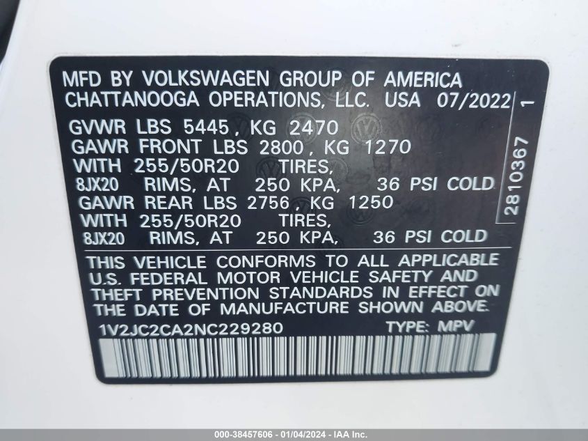 2022 VOLKSWAGEN ATLAS CROSS SPORT 2.0T SE W/TECHNOLOGY - 1V2JC2CA2NC229280