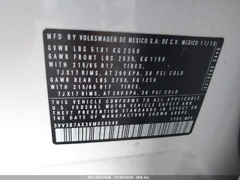 2019 VOLKSWAGEN TIGUAN SE/SEL/SEL R-LINE JET-BLA - 3VV3B7AX3KM039548