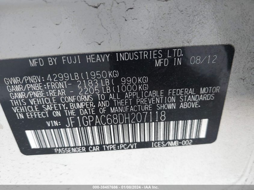 2013 SUBARU IMPREZA 2.0I PREMIUM - JF1GPAC68DH207118