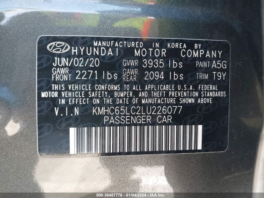 2020 HYUNDAI IONIQ HYBRID BLUE - KMHC65LC2LU226077