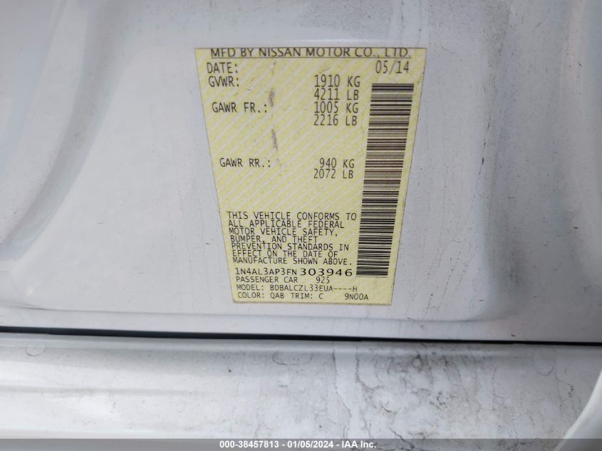 2015 NISSAN ALTIMA 2.5/S/SV/SL - 1N4AL3AP3FN303946