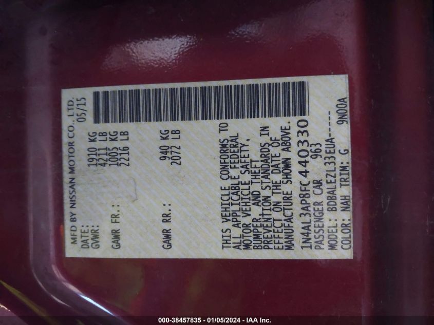 2015 NISSAN ALTIMA 2.5/S/SV/SL - 1N4AL3AP8FC440330