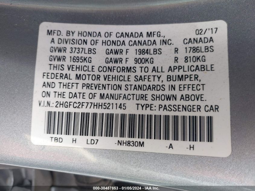 2017 HONDA CIVIC EX - 2HGFC2F77HH521145