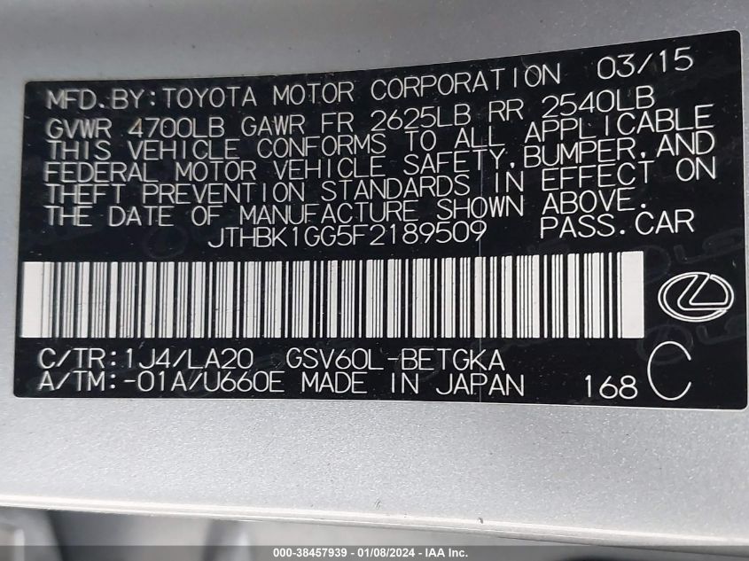 2015 LEXUS ES 350 - JTHBK1GG5F2189509