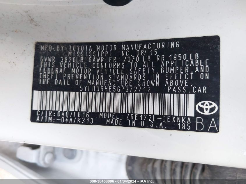 2016 TOYOTA COROLLA LE - 5YFBURHE5GP372712