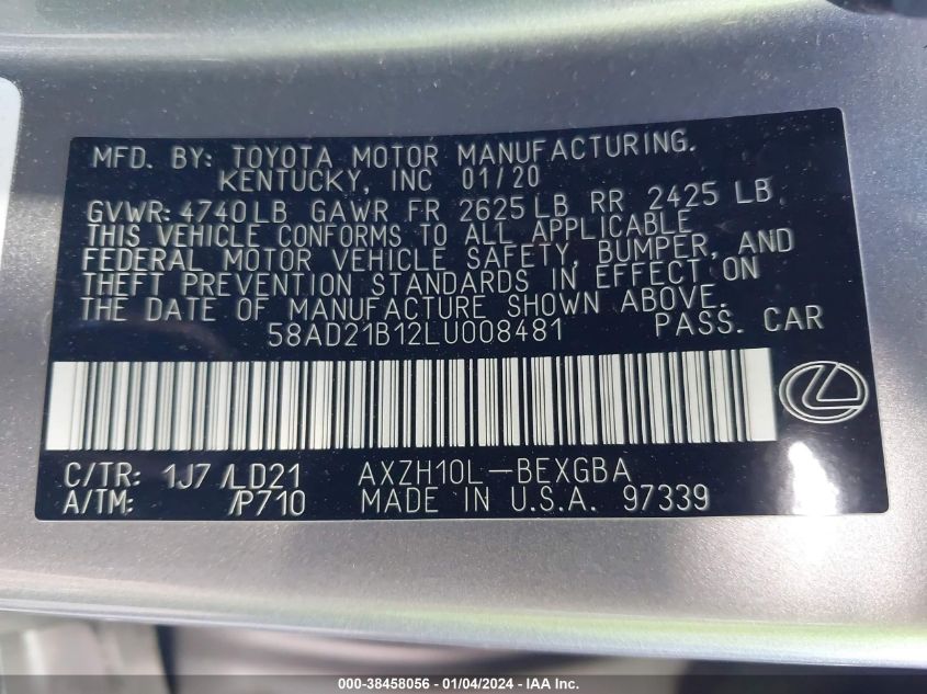 2020 LEXUS ES 300H - 58AD21B12LU008481