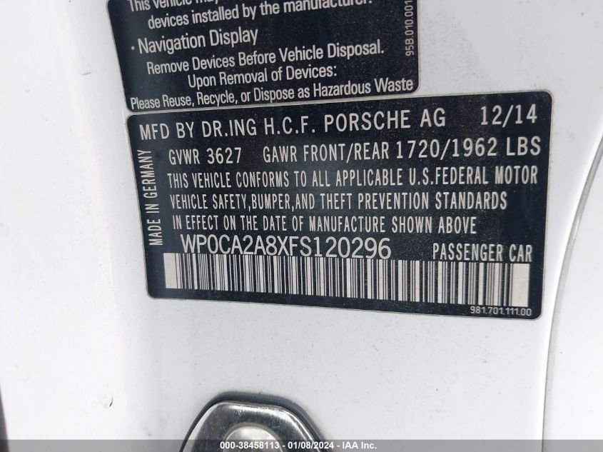 2015 PORSCHE BOXSTER WP0CA2A8XFS120296