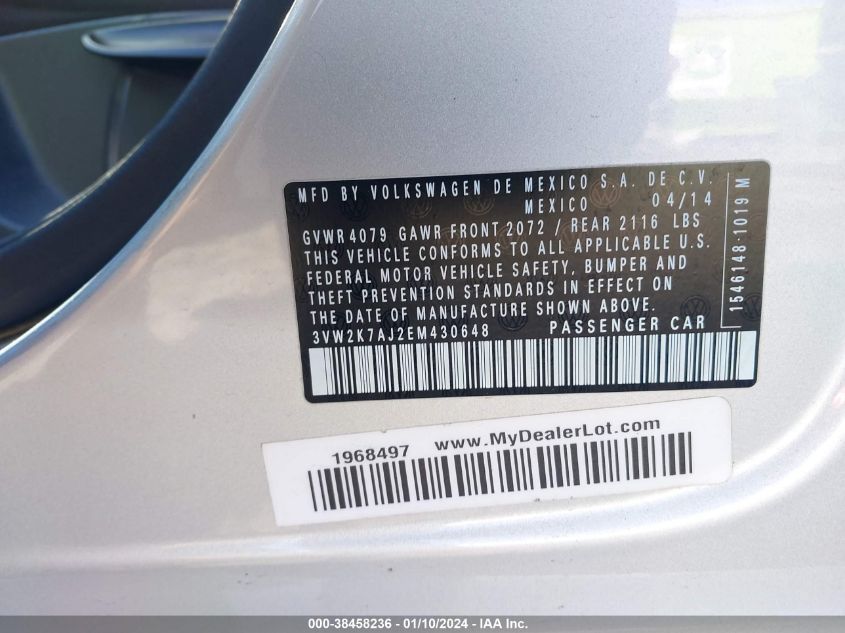 2014 VOLKSWAGEN JETTA 2.0L S - 3VW2K7AJ2EM430648