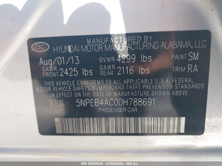 2013 HYUNDAI SONATA GLS - 5NPEB4AC0DH788691