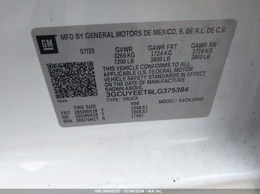 2020 CHEVROLET SILVERADO 1500 4WD  SHORT BED RST - 3GCUYEET6LG375384