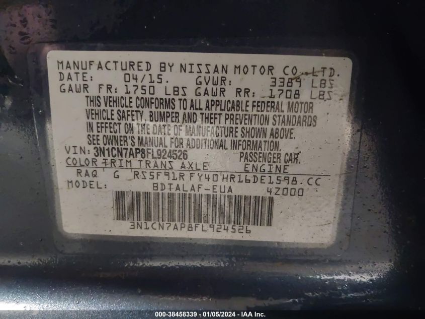 2015 NISSAN VERSA S/S PLUS/SV/SL - 3N1CN7AP8FL924526