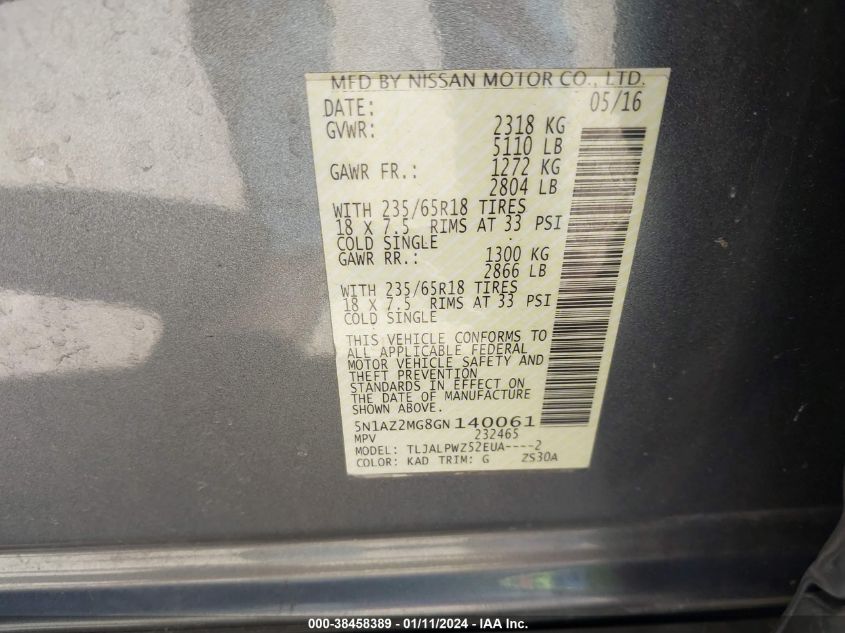 2016 NISSAN MURANO S/SL/SV/PLATINUM - 5N1AZ2MG8GN140061