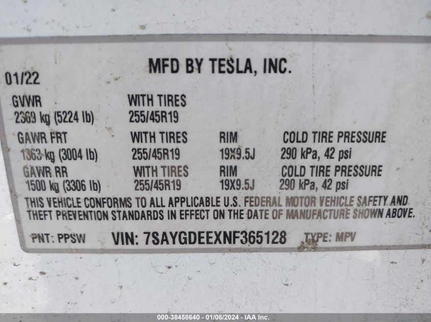 2022 TESLA MODEL Y - 7SAYGDEEXNF365128