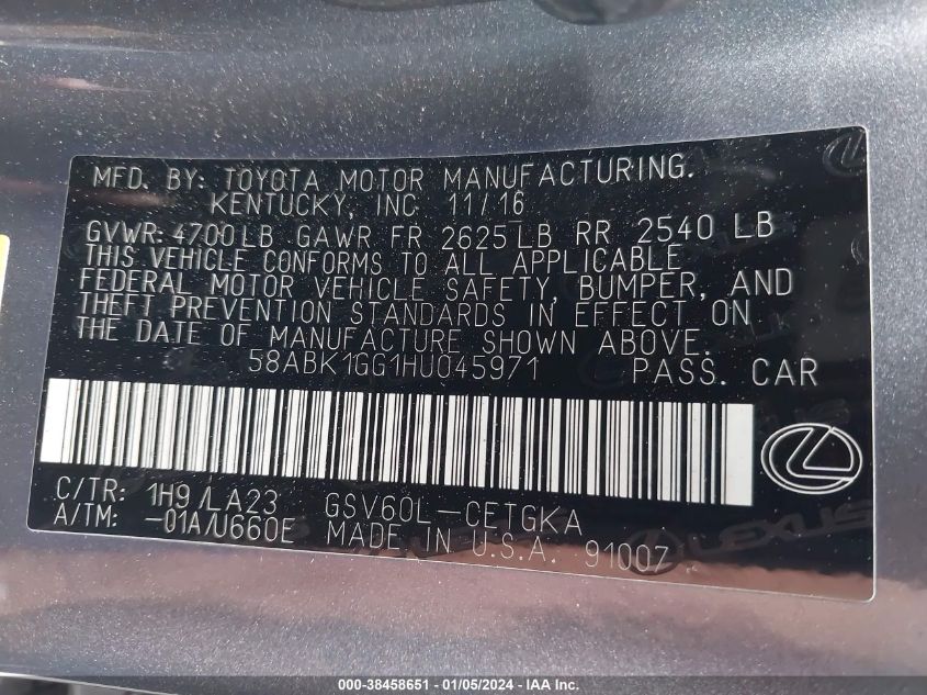 2017 LEXUS ES 350 - 58ABK1GG1HU045971