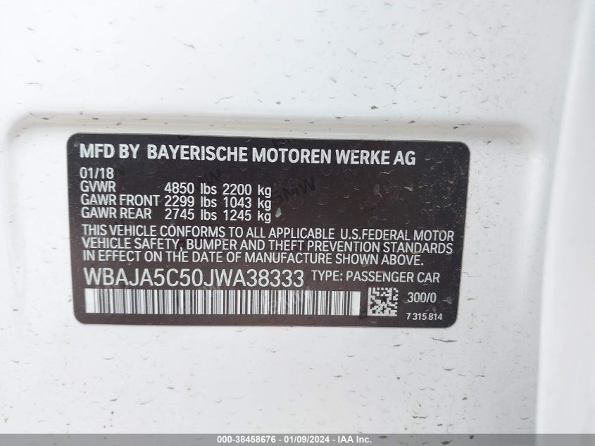 2018 BMW 530I WBAJA5C50JWA38333