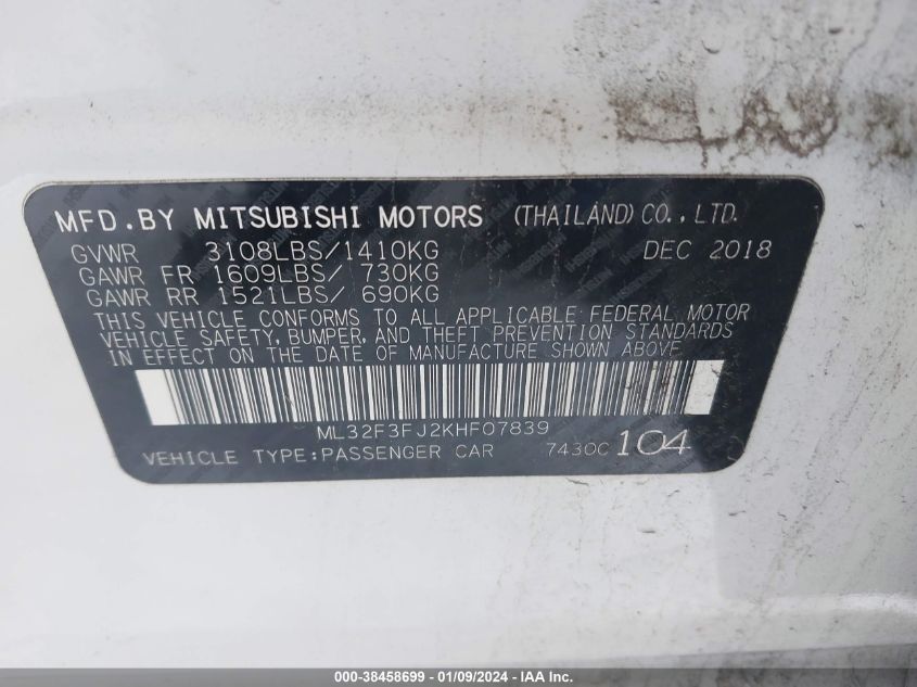 2019 MITSUBISHI MIRAGE G4 ES - ML32F3FJ2KHF07839