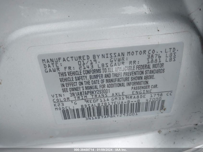 2019 NISSAN SENTRA S - 3N1AB7AP8KY293001