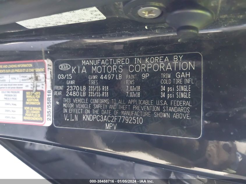 2015 KIA SPORTAGE EX - KNDPC3AC2F7792510