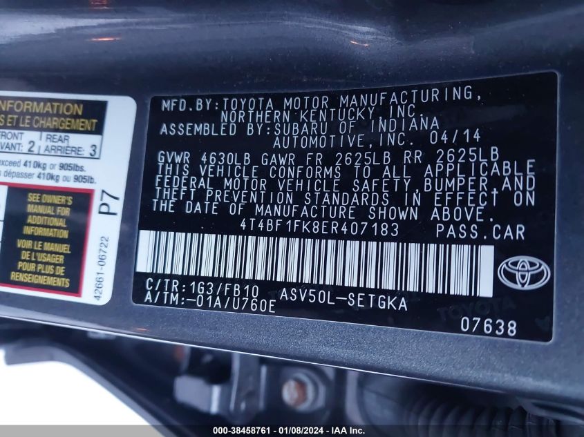 2014 TOYOTA CAMRY XLE - 4T4BF1FK8ER407183