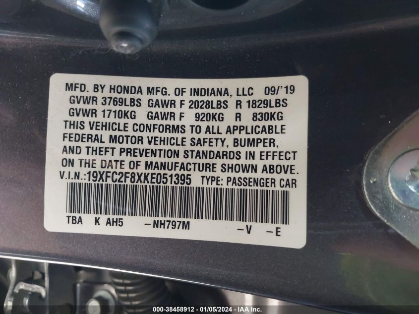 2019 HONDA CIVIC SPORT - 19XFC2F8XKE051395