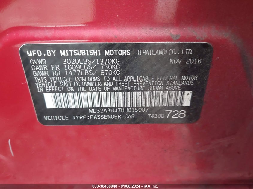 VIN ML32A3HJ7HH015907 2017 MITSUBISHI MIRAGE ES