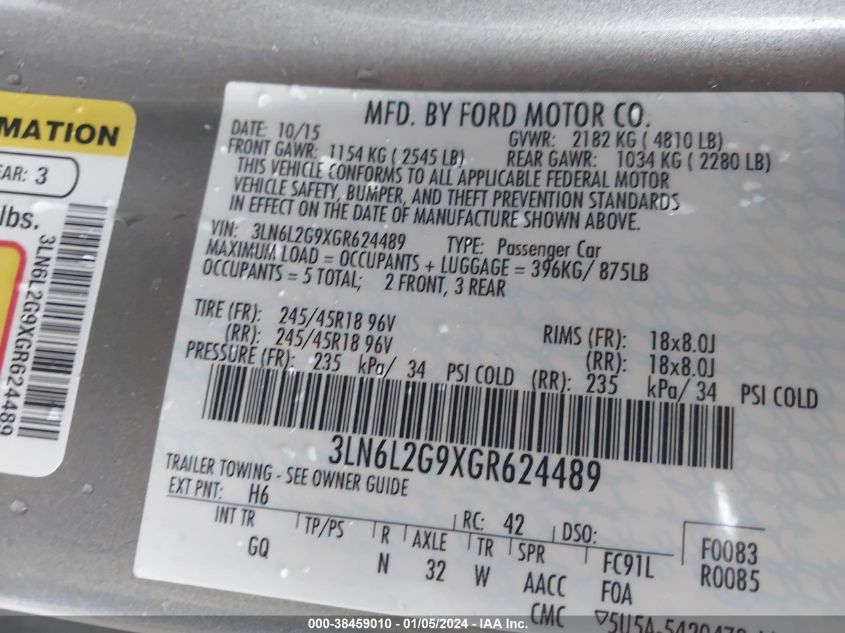 2016 LINCOLN MKZ - 3LN6L2G9XGR624489