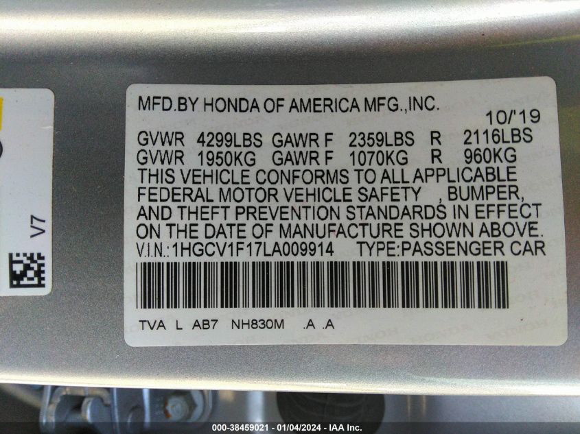 2020 HONDA ACCORD LX - 1HGCV1F17LA009914