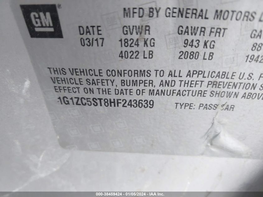 2017 CHEVROLET MALIBU 1FL - 1G1ZC5ST8HF243639