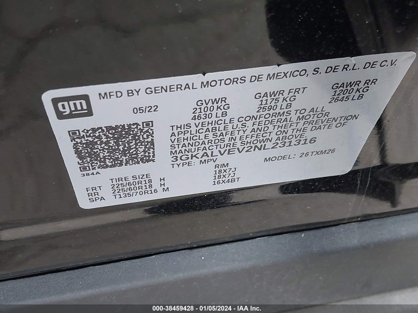 VIN 3GKALVEV2NL231316 2022 GMC TERRAIN AWD SLT