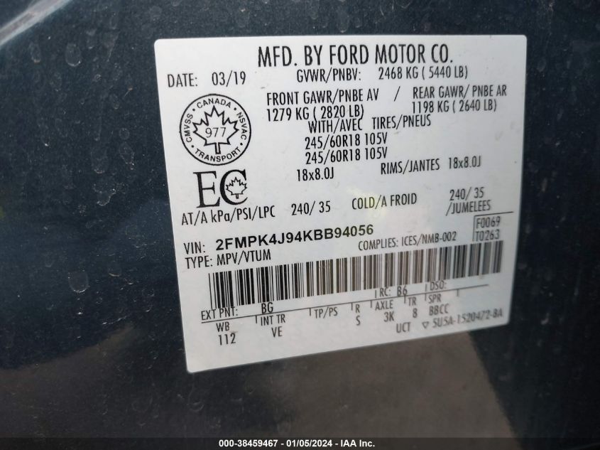 2019 FORD EDGE SEL - 2FMPK4J94KBB94056