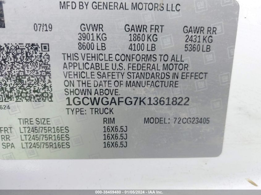 2019 CHEVROLET EXPRESS 2500 WORK VAN 1GCWGAFG7K1361822